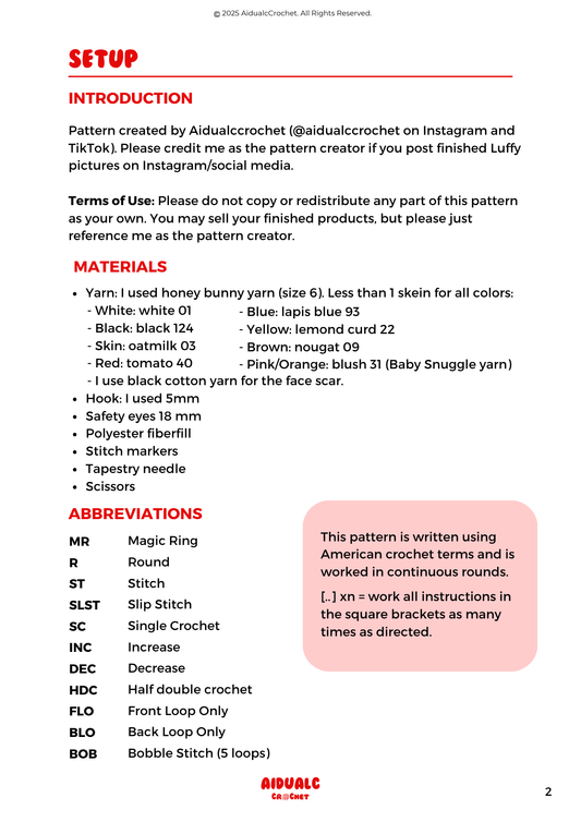 Luffy Crochet PDF Pattern